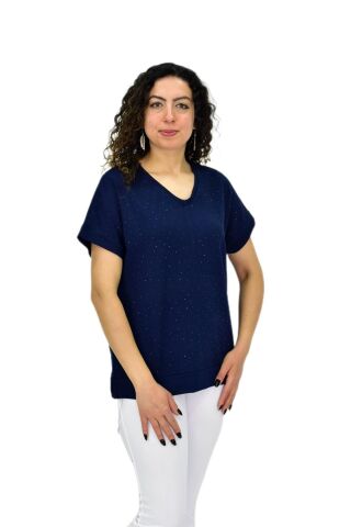 Kadın Yarım Kol V Yaka Taşlı Likralı Tişöt  BGL-ST04653 LACİVERT