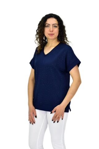Kadın Yarım Kol V Yaka Taşlı Likralı Tişöt  BGL-ST04653 LACİVERT