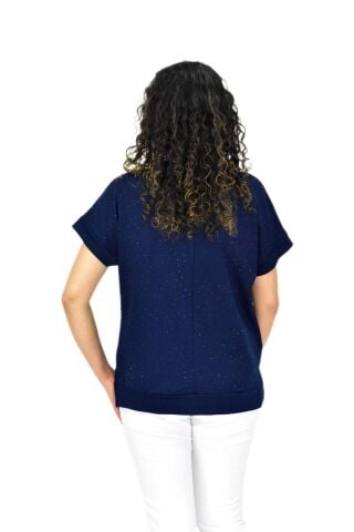 Kadın Yarım Kol V Yaka Taşlı Likralı Tişöt  BGL-ST04653 LACİVERT