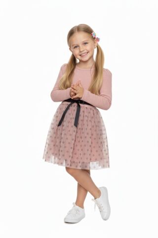 Kız Çocuk Puantiyeli Tütülü Elbise BGL-ST05204 PUDRA - 2 YAŞ