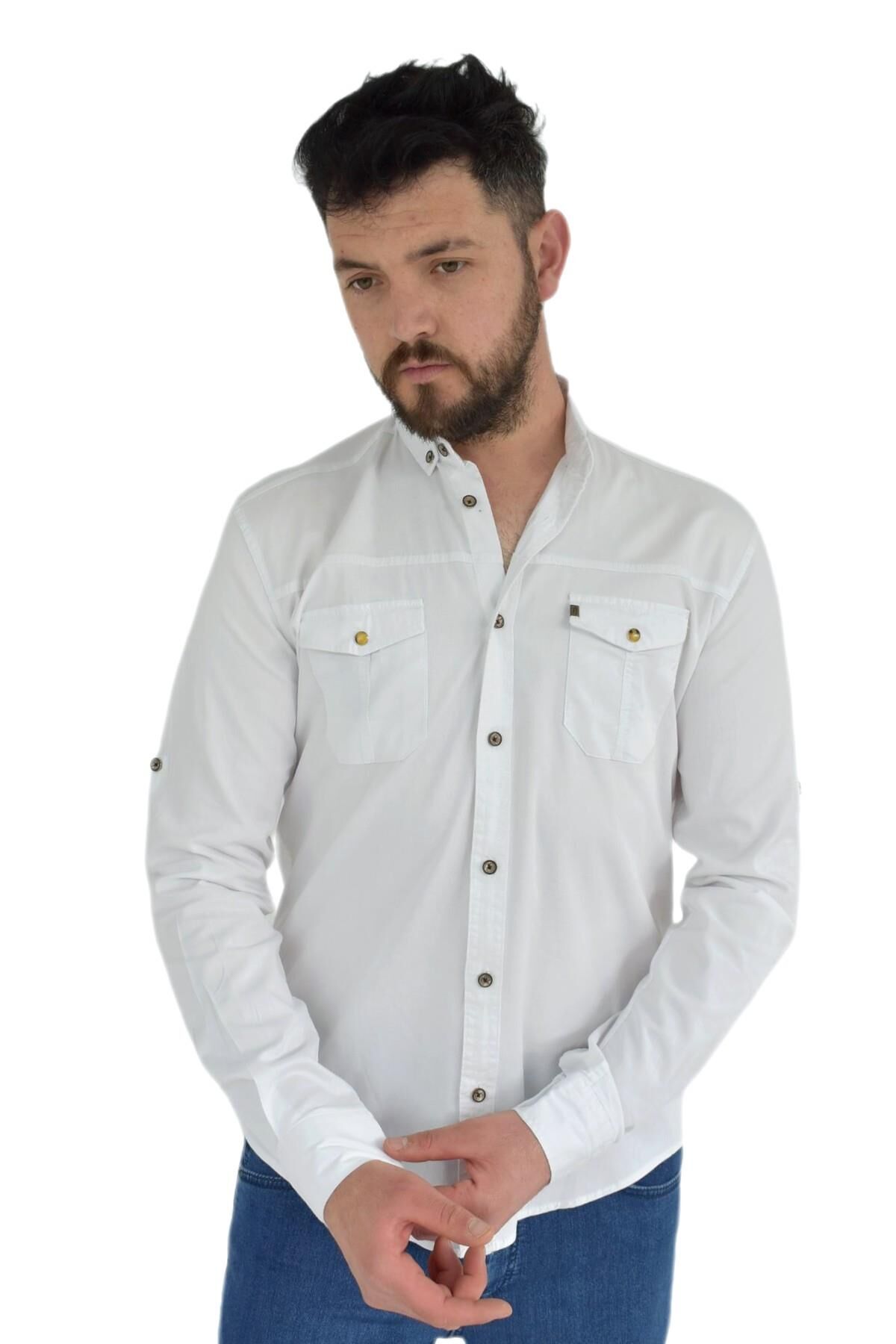 Erkek Spor Gömlek Silim Fit 9714 BGL-ST02723 BEYAZ - M