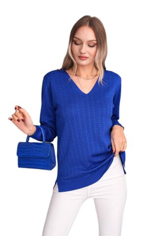 Kadın V Yaka Simli Kazak 12809 BGL-ST04106 FUŞYA - M/L