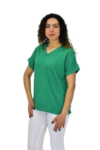 Kadın Yarım Kol V Yaka Taşlı Likralı Tişöt  BGL-ST04653 YEŞİL - M/L