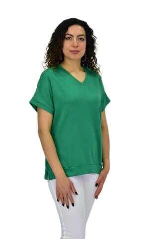 Kadın Yarım Kol V Yaka Taşlı Likralı Tişöt  BGL-ST04653 YEŞİL - M/L