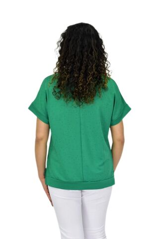 Kadın Yarım Kol V Yaka Taşlı Likralı Tişöt  BGL-ST04653 YEŞİL - M/L
