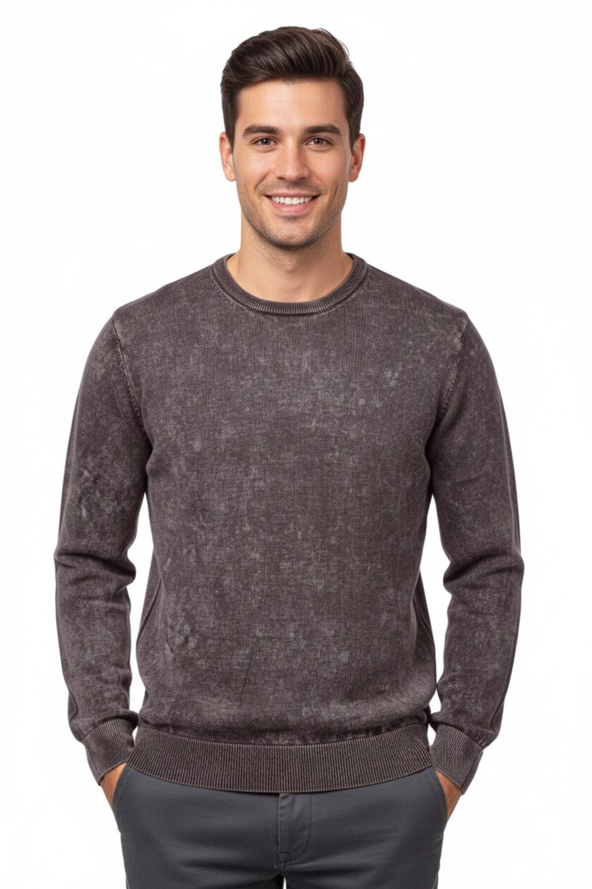 Erkek Spor Sıfır Yaka Taşlama Yıkamalı Regular Fit Kazak BGL-ST04952 KAHVE - 2XL