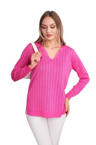 Kadın V Yaka Simli Kazak 12809 BGL-ST04106 FUŞYA - M/L