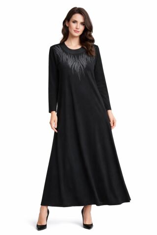 Kadın Siyah Taşlı  Uzun Kol Likralı Viskon Elbise BGL-ST05326