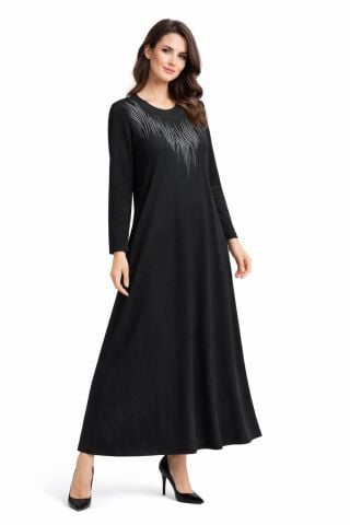 Kadın Siyah Taşlı  Uzun Kol Likralı Viskon Elbise BGL-ST05326
