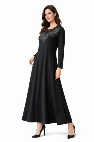 Kadın Siyah Taşlı  Uzun Kol Likralı Viskon Elbise BGL-ST05326
