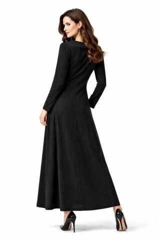 Kadın Siyah Taşlı  Uzun Kol Likralı Viskon Elbise BGL-ST05326