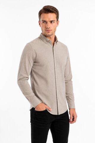 Erkek Spor Slim Fitt Uzun Kol  Gömlek BGL-ST05438 BEJ - S