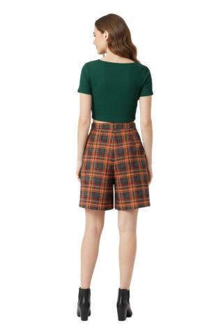 Kadın Ekose Kolej Şort Etek Turuncu Füme BGL-ST05198