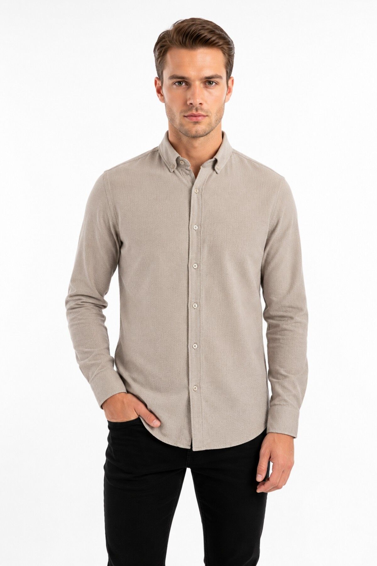 Erkek Spor Slim Fitt Uzun Kol  Gömlek BGL-ST05438 BEJ - XL