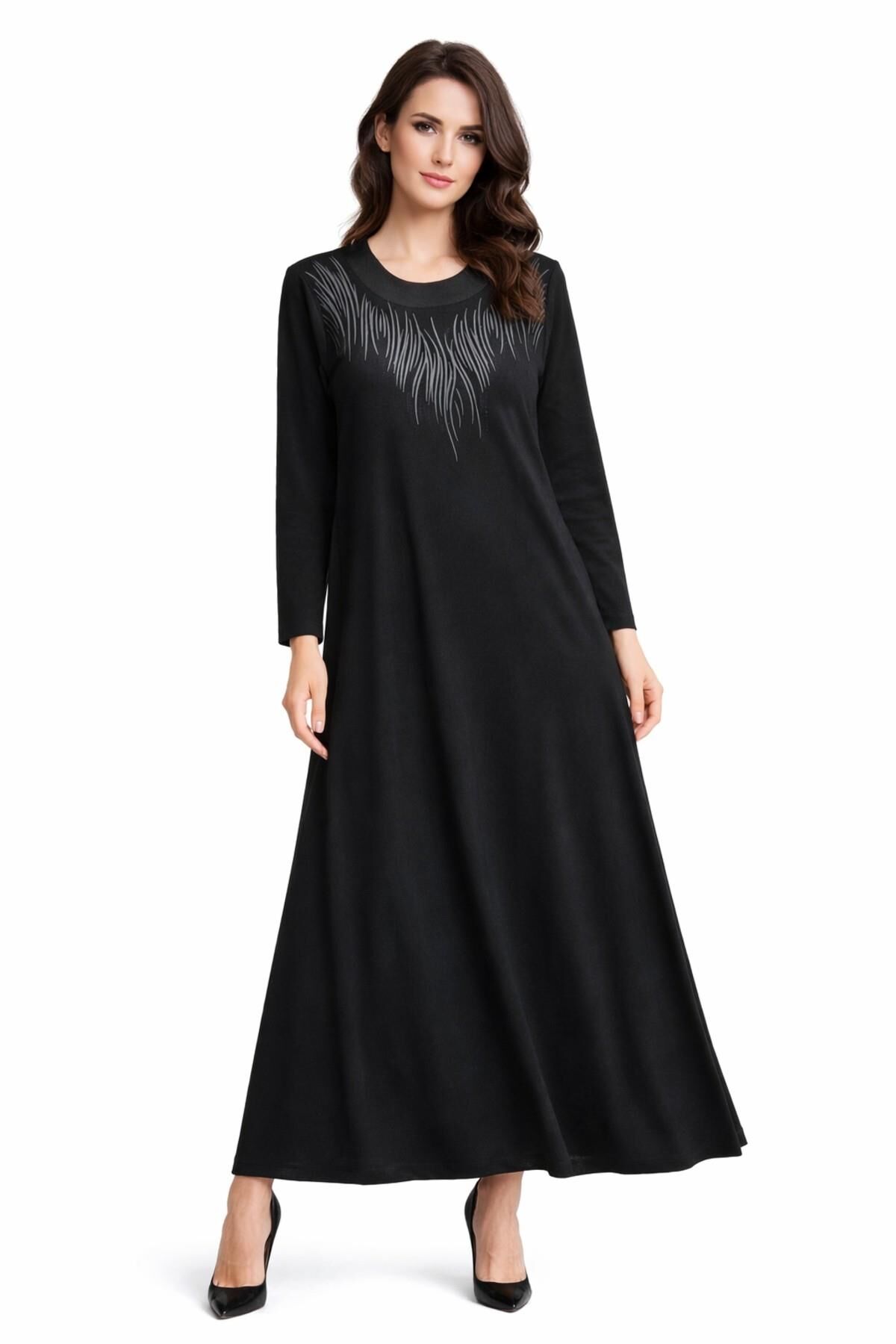 Kadın Siyah Taşlı  Uzun Kol Likralı Viskon Elbise BGL-ST05326 SİYAH - 2XL