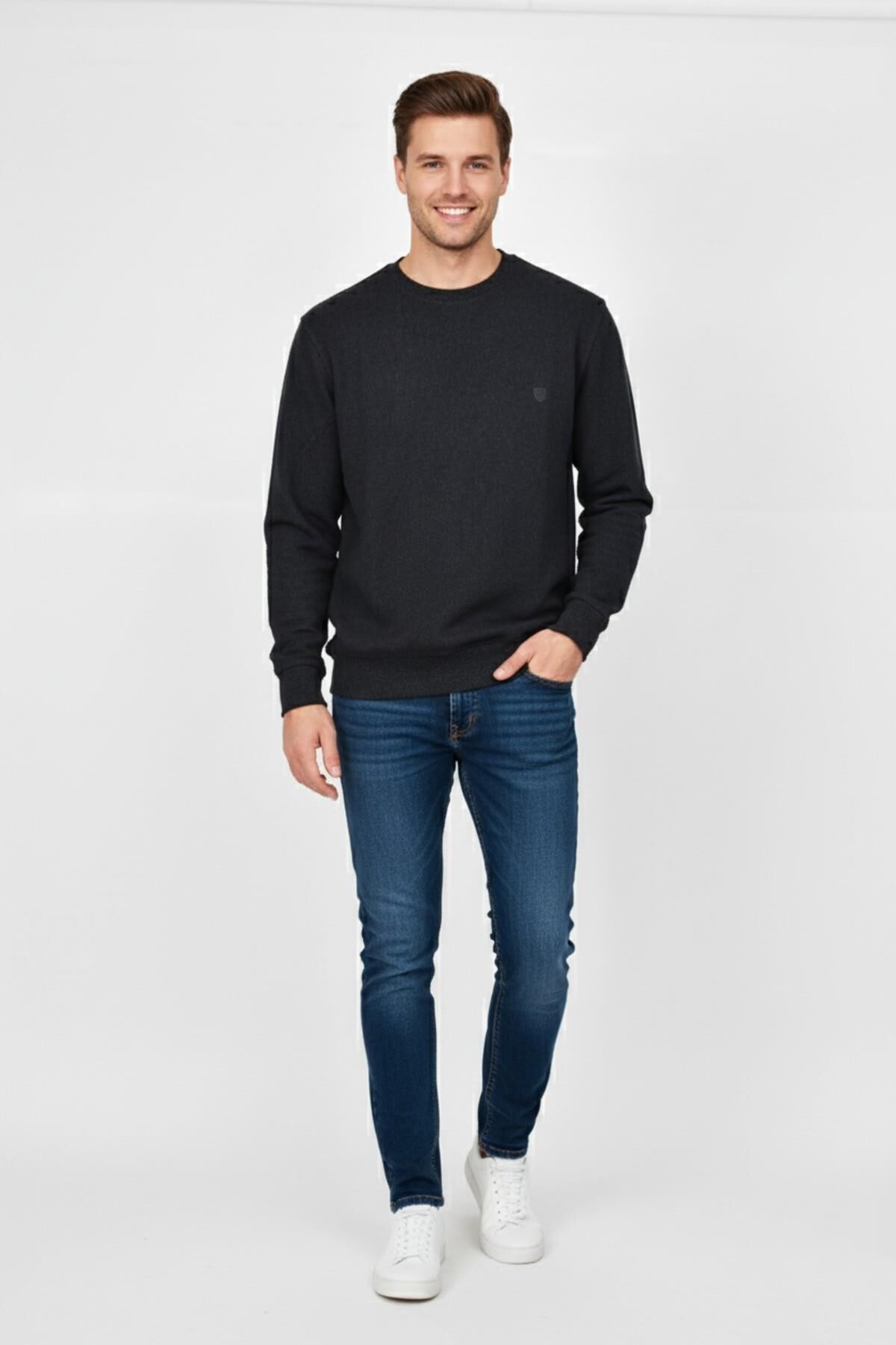 Erkek Büyük Beden Sıfır Yaka Selanik Sweatshirt BGL-ST04871 ANTRASİT - 5XL