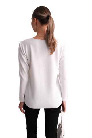 Kadın U Yaka Simli Kazak 12805 BGL-ST04109 BEYAZ - M/L