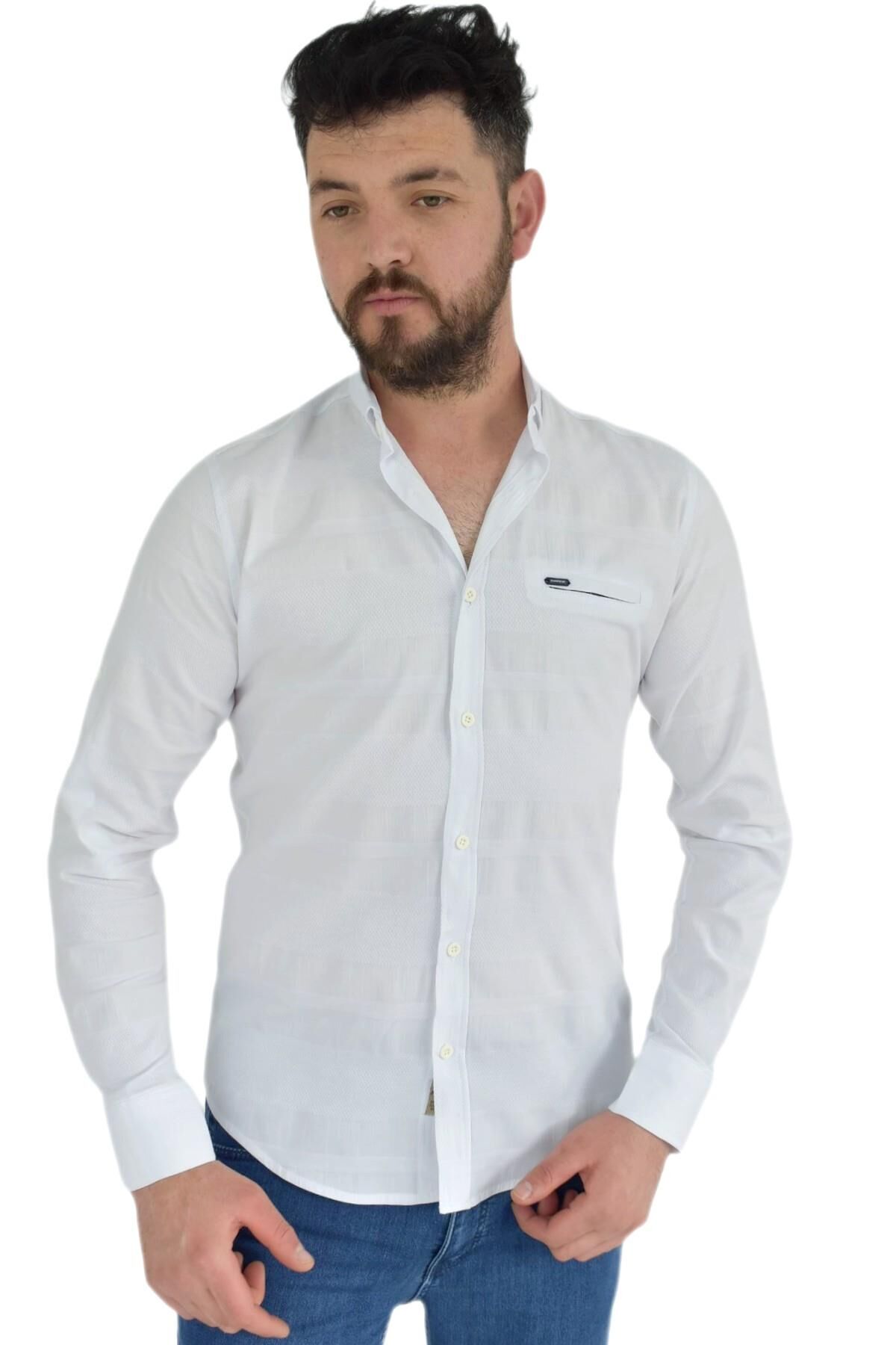 Erkek Spor Gömlek Silim Fit 9843 BGL-ST02725 BEYAZ - 2XL
