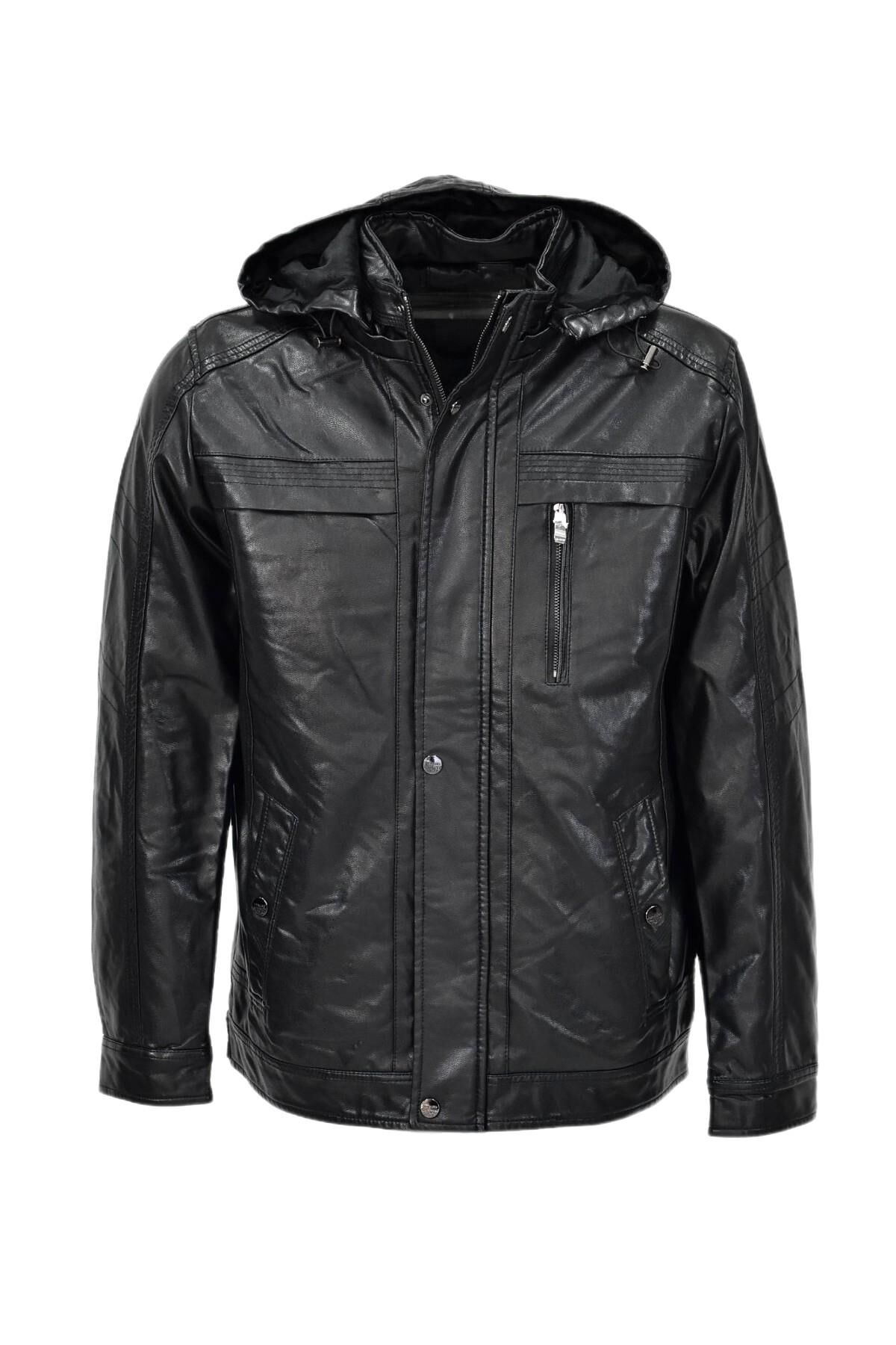 Erkek Suni Deri Kapüşonlu Spor Mont M1212 BGL-ST04017 SİYAH - XL