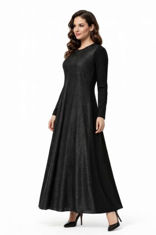 Kadın Siyah Taşlı  Uzun Kol Likralı Viskon Elbise BGL-ST05324