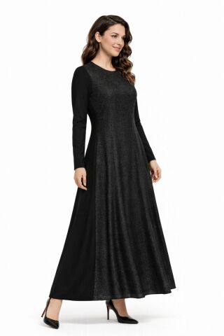 Kadın Siyah Taşlı  Uzun Kol Likralı Viskon Elbise BGL-ST05324