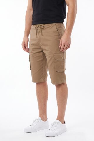 Erkek Kargo Cepli Kanvas Kapri Şort Beli Lastikli Bağcıklı BGL-ST05576 CAMEL - XL