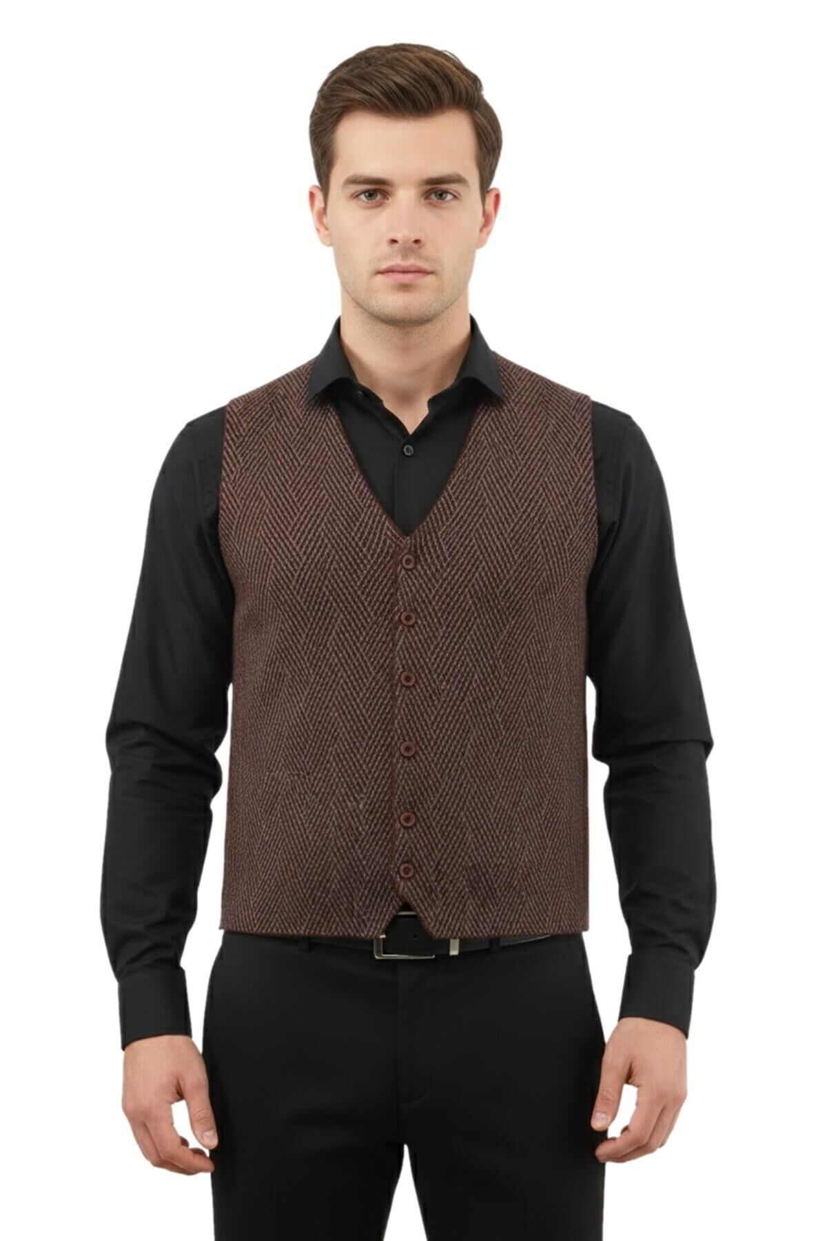 Erkek Düğmeli Yelek Cepsiz Çelik Örgü Klasik Kalıp 5211LS BGL-ST05018 BORDO - 2XL