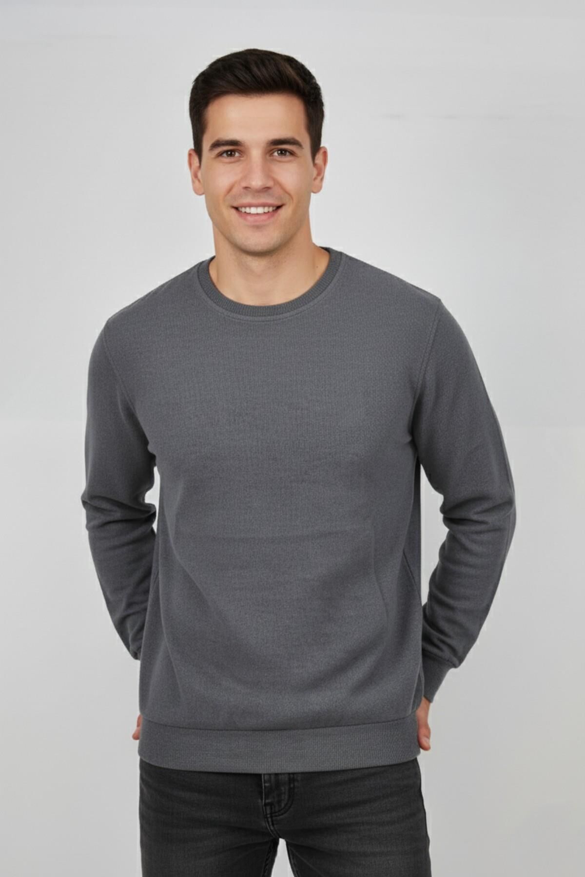Erkek Büyük Beden Sıfır Yaka Selanik Sweatshirt BGL-ST04871 K.GRİ - 4XL