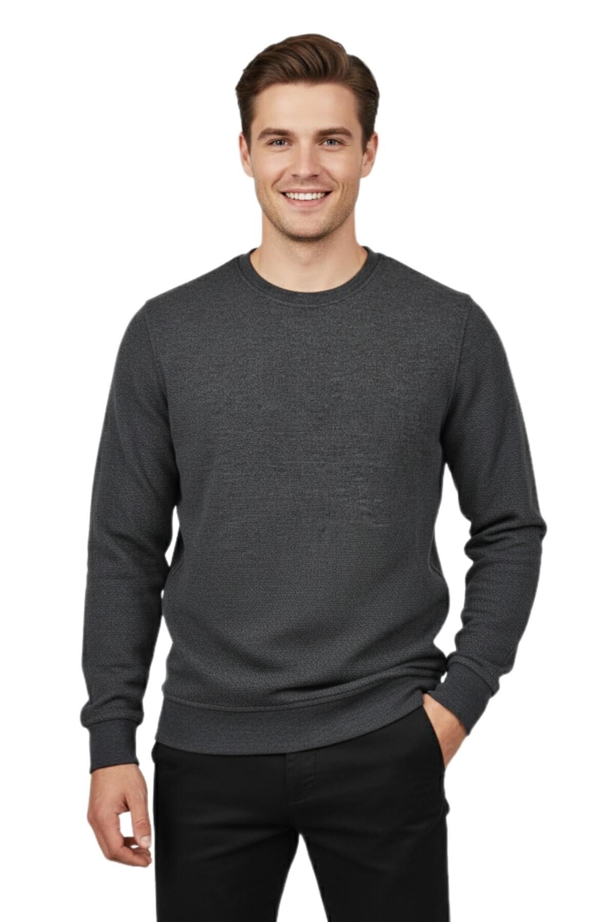 Erkek Sıfır Yaka Petek Doku Regular Fit Sweatshirt BGL-ST04950 ANTRASİT - L