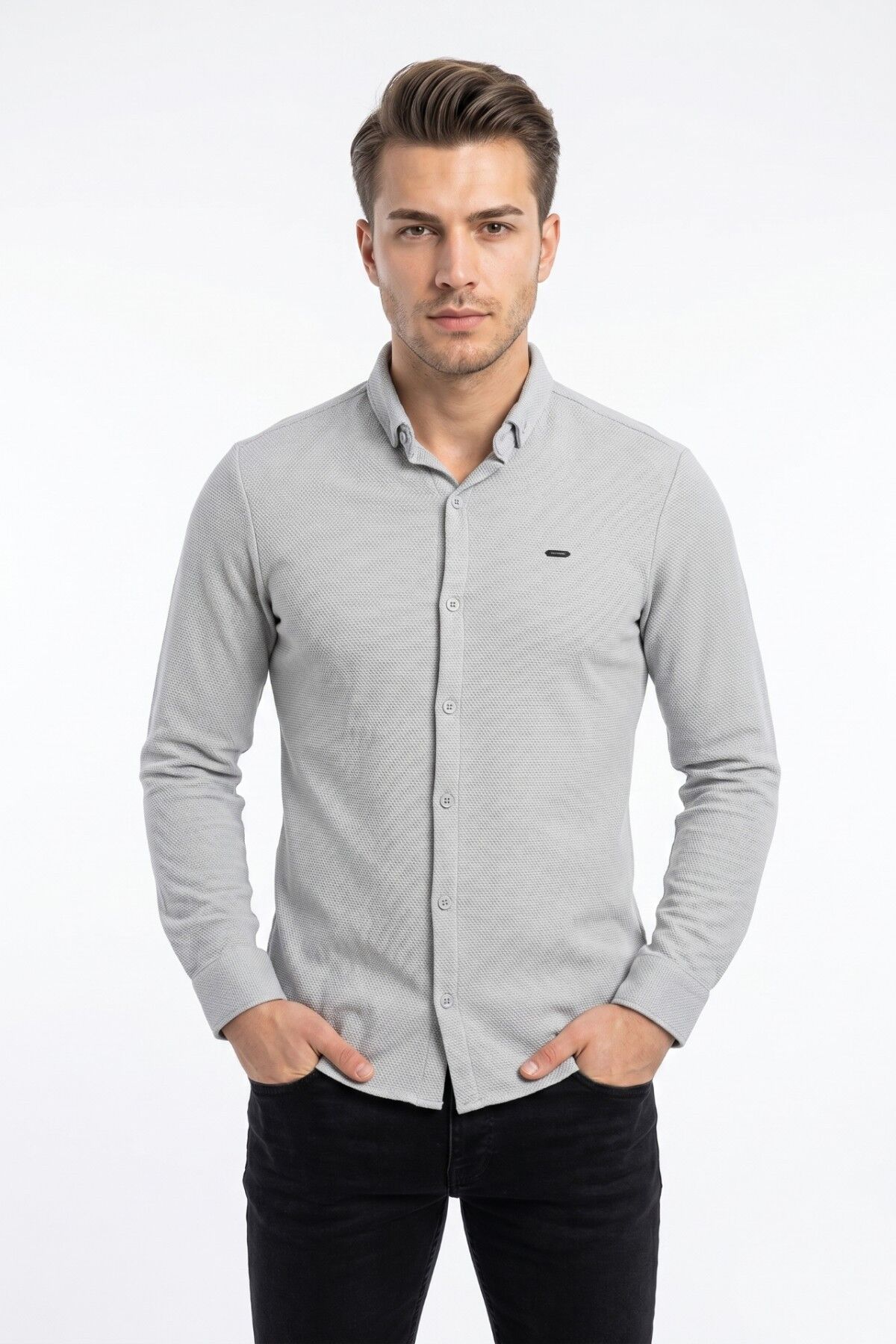 Erkek Spor Slim Fitt Uzun Kol  Gömlek BGL-ST05439 A.GRİ - S