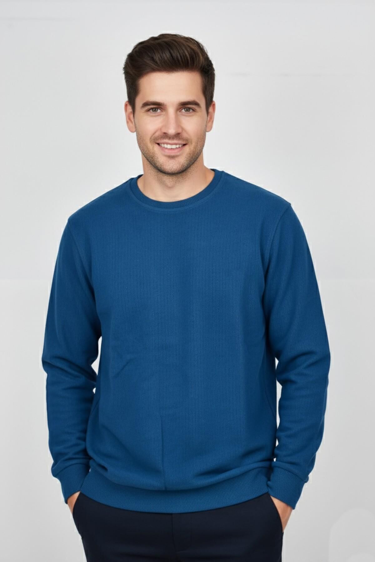 Erkek Büyük Beden Sıfır Yaka Selanik Sweatshirt BGL-ST04871 PETROL - 4XL