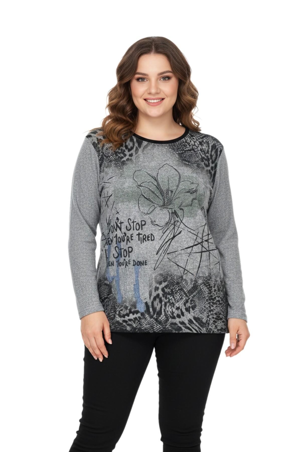 Kadın Yumoş Taşlı Baskılı Bluz BGL-ST05068 GRİ - XL