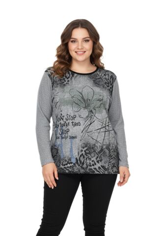 Kadın Yumoş Taşlı Baskılı Bluz BGL-ST05068 GRİ - XL