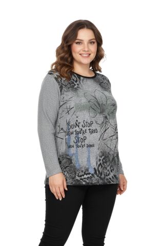 Kadın Yumoş Taşlı Baskılı Bluz BGL-ST05068 GRİ - XL
