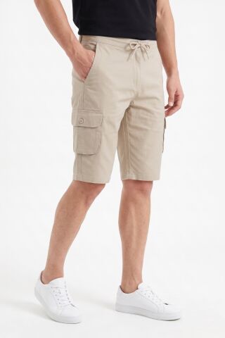 Erkek Kargo Cepli Kanvas Kapri Şort Beli Lastikli Bağcıklı BGL-ST05576 TAŞ - 2XL