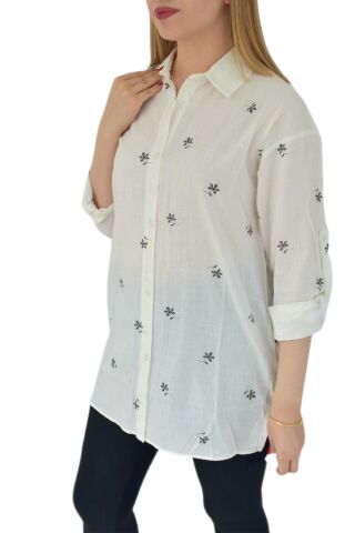 Kadın Krem Çiçekli Gömlek 71321 BGL-ST02905 KREM - M