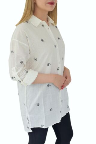 Kadın Krem Çiçekli Gömlek 71321 BGL-ST02905 KREM - M