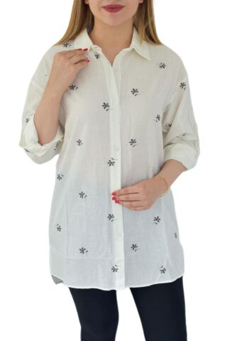 Kadın Krem Çiçekli Gömlek 71321 BGL-ST02905 KREM - M
