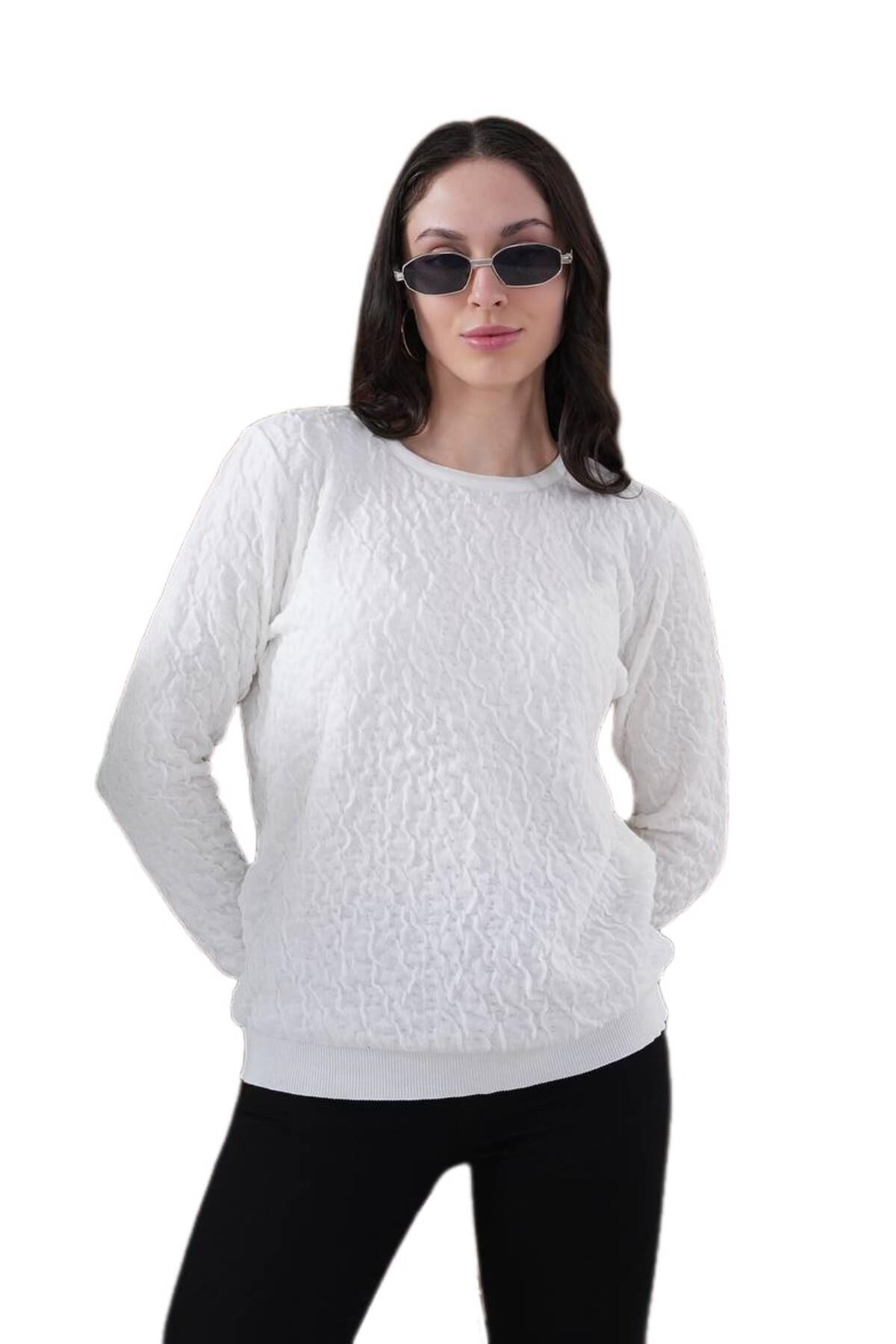 Kadın Bisiklet Yaka Büzgülü Kazak 12833 BGL-ST04228 BEYAZ - M/L