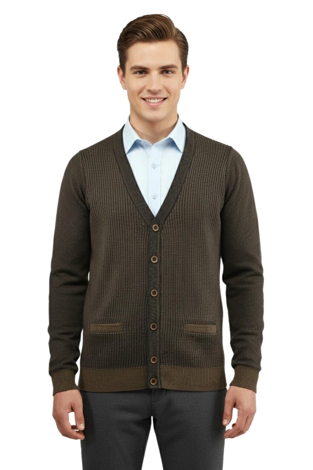 Erkek Düğmeli Hırka Cepli Çelik Örgü Klasik Kalıp 5208M BGL-ST04965