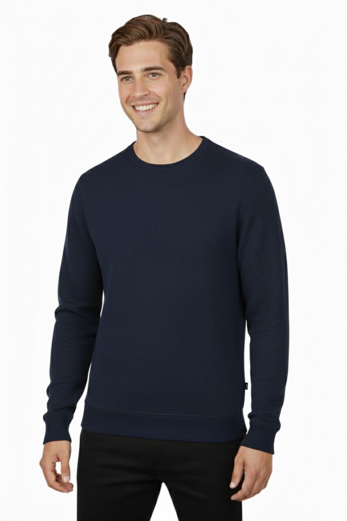 Erkek Sıfır Yaka Petek Doku Regular Fit Sweatshirt BGL-ST04950 LACİVERT - 2XL