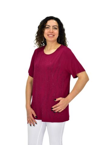 Kadın Viskon Taşlı Kısa Kol Bluz BGL-ST04679