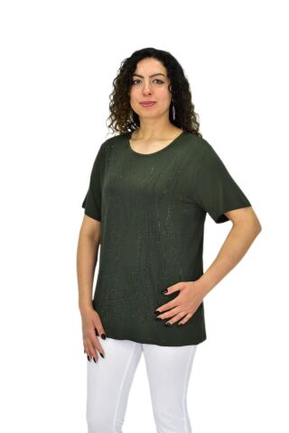 Kadın Viskon Taşlı Kısa Kol Bluz BGL-ST04679