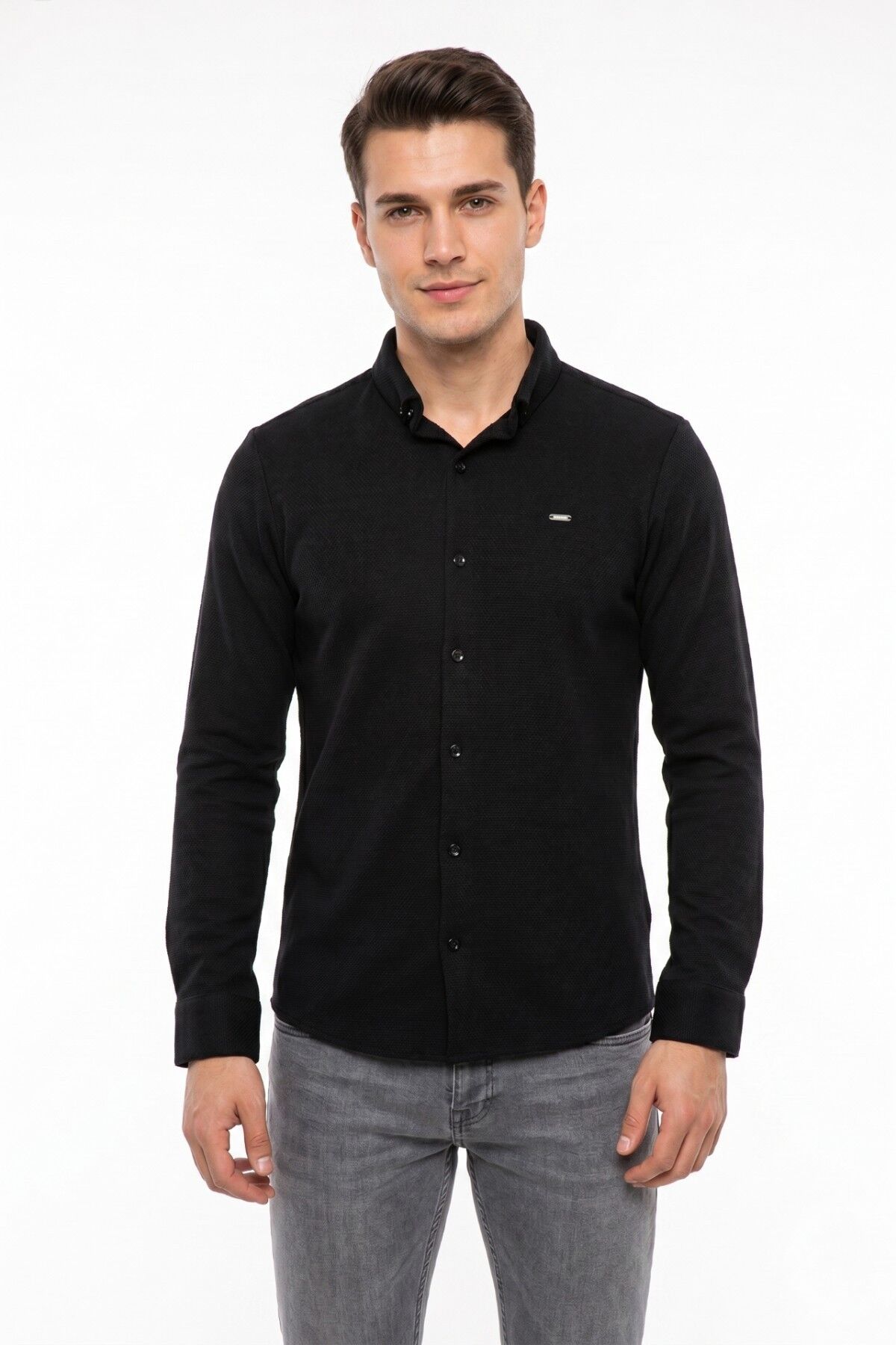 Erkek Spor Slim Fitt Uzun Kol  Gömlek BGL-ST05439 SİYAH - L