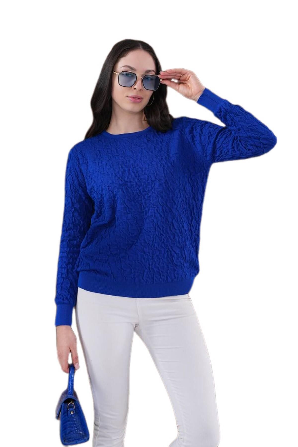 Kadın Bisiklet Yaka Büzgülü Kazak 12833 BGL-ST04228 SAKS MAVİ - M/L