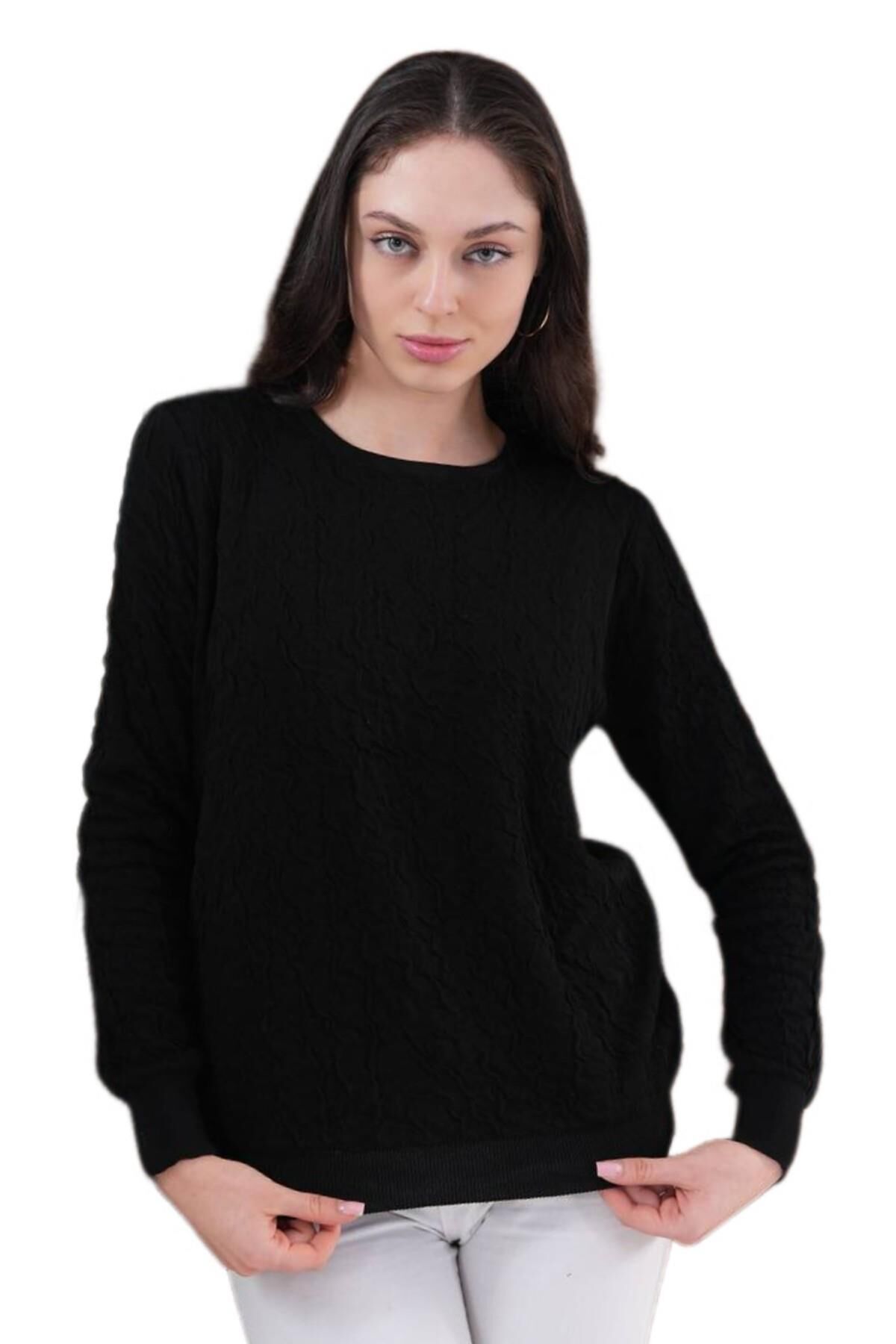 Kadın Bisiklet Yaka Büzgülü Kazak 12833 BGL-ST04228 SİYAH - M/L