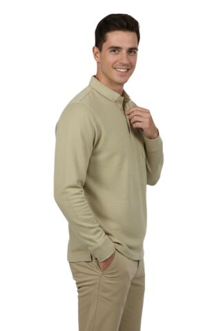 Erkek Gömlek Yaka Jakarlı Cepli Regular Fit Sweatshirt BGL-ST04957 BEJ - 3XL