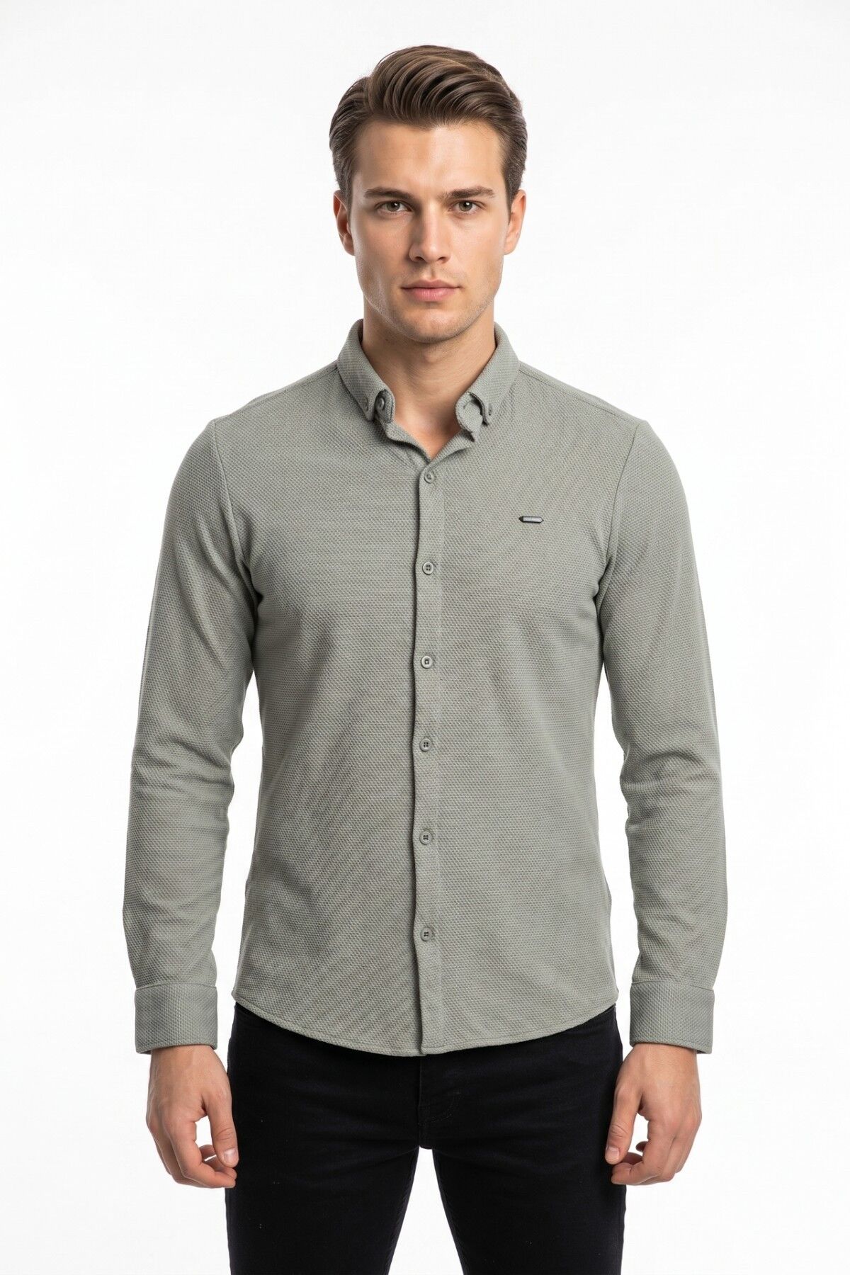 Erkek Spor Slim Fitt Uzun Kol  Gömlek BGL-ST05439 YEŞİL - S
