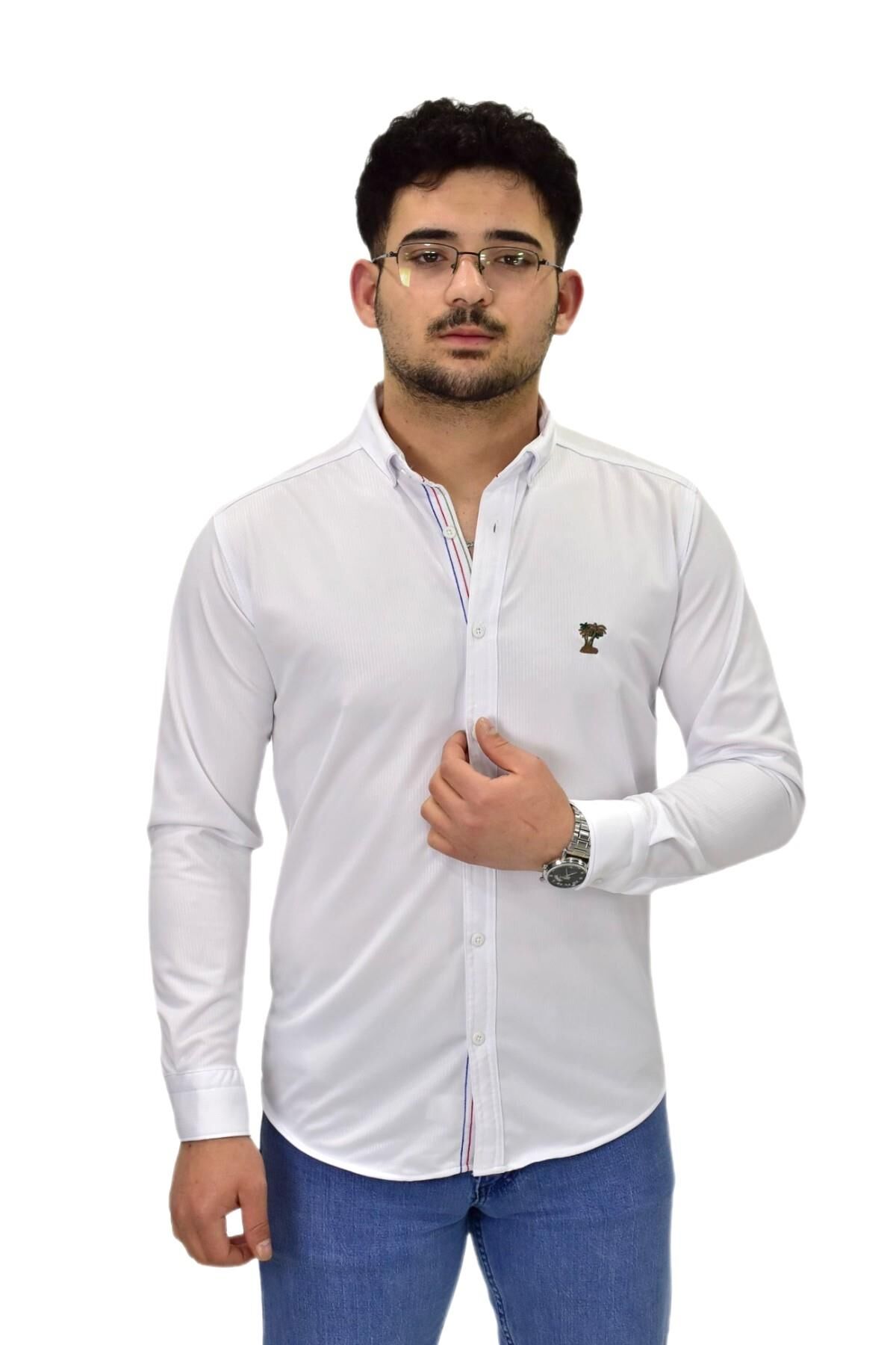 Erkek Spor Silim Fit Uzun Kol Gömlek BGL-ST04483 BEYAZ - XL