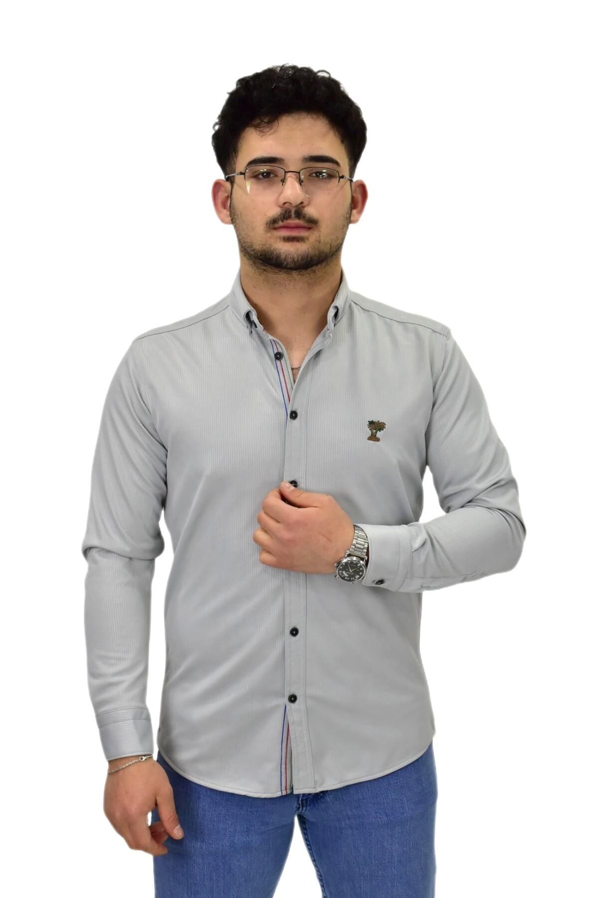 Erkek Spor Silim Fit Uzun Kol Gömlek BGL-ST04483 GRİ - S